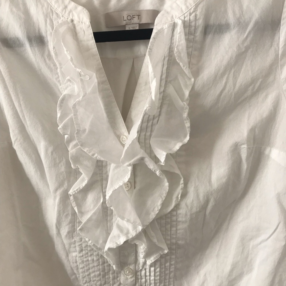 LOFT Sheer Ruffled Neck White Top - Picture 4 of 6
